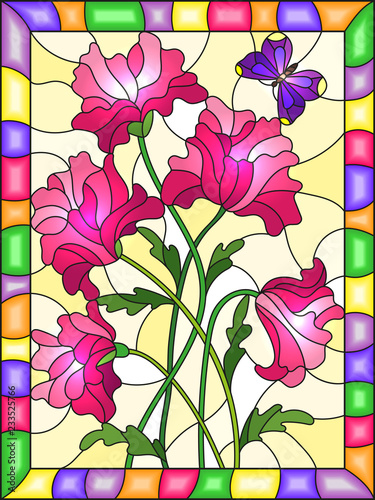 Dekoracja na wymiar  ilustracja-w-stylu-witrazu-z-rozowymi-abstrakcyjnymi-kwiatami-i-fioletowym-motylem-na