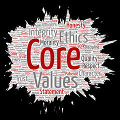 Vector conceptual core values integrity ethics paint brush paper concept word cloud isolated background. Collage of honesty quality trust, statement, character, perseverance, respect and trustworthy