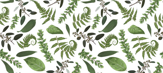 Seamless pattern, background, texture print with light watercolor hand drawn green eucalyptus ,forest fern, branches boxwood, buxus. Tender, elegant textile fabric