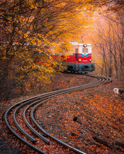 Budapest, Hungary - Beautiful Autumn Forest With Foliage And Old Colorful Train On The Track In Hungarian Woods At Huvosvolgy