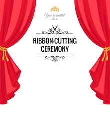 Ribbon-cutting ceremony poster with  red curtains. Vector illustration