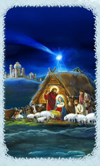 religious illustration three kings - and holy family - traditional scene - illustration for children