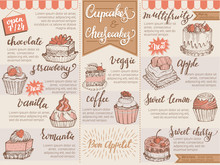 Menu Dessert Vector Cafe Design Sweet Food Template Chocolate Cupcake Biscuit And Cheesecake In Restaurant Illustration Set Of Muffin On Cafe Banner Poster On Retro Background