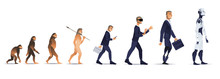 Vector Evolution Concept With Ape To Cyborg And Robots Growth Process With Monkey, Caveman To Businessman In Suit Wearing VR Headset, Artificial Legs Person And Robotic Creature. Mankind Development
