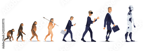 Fotomural Vector evolution concept with ape to cyborg and robots growth process with monkey, caveman to businessman in suit wearing VR headset, artificial legs person and robotic creature