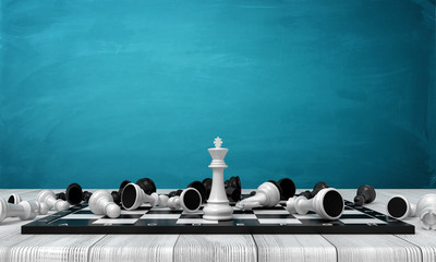 Poster - 3d rendering of a white chess king stands surrounded by many different chess figures on a chess board on a wooden desk.