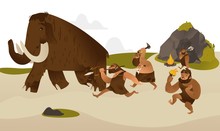 Ancient Caveman With Prehistoric Weapons Hunting For Mammoth In Flat Cartoon Style - Vector Illustration Of Tribe Of Primitive Male Characters Dressing In Animal Pelts Chasing Running Prey.