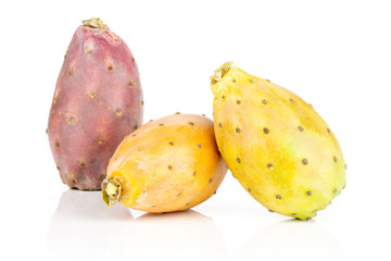 Group of three whole pale green orange red fresh bright prickly pear opuntia isolated on white background