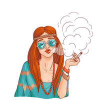 Vector Hippie Girl Smoking Cannabis. 70s Hipster Woman Rastaman In Sunglasses With Marijuana Cigarette. Female Sketch Character Smoking Weed As Sign Of Peace And Freedom