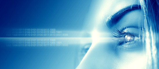 Biometric scan of a close-up of the female eye. The concept of modern virtual reality