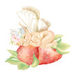 Cute baby fairy dreaming on strawberry with flowers