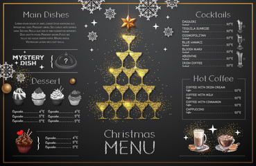 Wall Mural - Christmas menu design with golden champagne glasses. Restaurant menu. Pyramid of champagne glasses