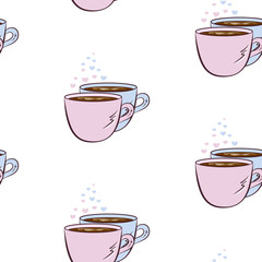 Vector seamless pattern with pink and blue cup of coffee and hearts. Creative background for cafe menu, wrapping paper, design banner, invitation. Can be used as print on clothes.