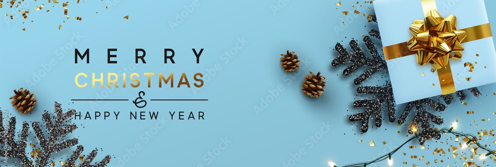 Christmas banner. Background Xmas design of sparkling lights garland, with realistic gifts box, black snowflake and glitter gold confetti. Horizontal christmas poster, greeting cards, headers, website - obrazy, fototapety, plakaty 