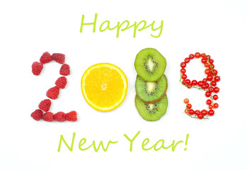 Wall Mural - happy new year 2019 of fruit and berries on the white background.