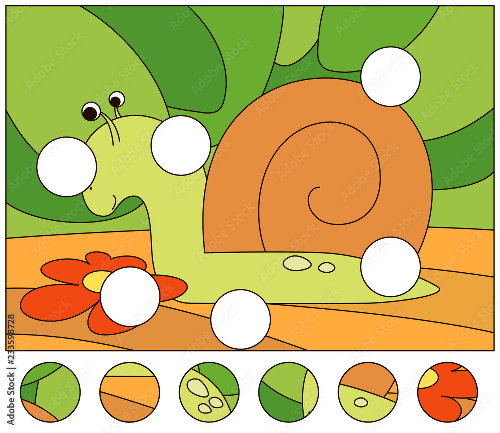 Cartoon snail crawling on the ground. Complete the puzzle and find the ...