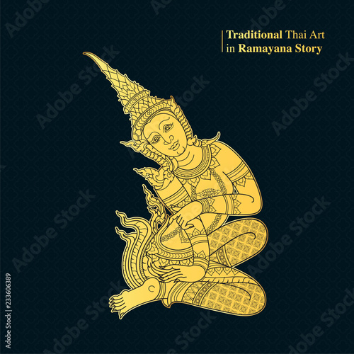 Cuadros en Lienzo Traditional Thai Art in Ramayana Story, style vector