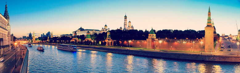 Wall Mural - Moscow Kremlin, Kremlin Embankment and Moscow River at night in Moscow, Russia. Architecture and landmark of Moscow