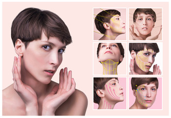 Young female with clean fresh skin. Beautiful woman. Female face and neck. Portrait of young caucasian woman at studio isolated on pastel. Short haircut, long neck, perfect skin. Lifting by gold