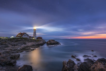 Night To Day Image Of Portland Head Lighthouse At Cape Elizabeth, Maine 