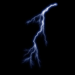 Isolated realistic electrical lightning strike visual effect on black night background. Energy change. 