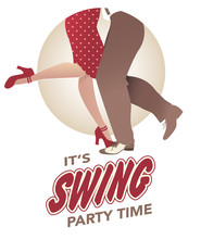It's Swing Party Time: Legs Of Man And Woman Wearing Retro Clothes And Shoes Dancing Jazz, Swing, Rock Or Lindy-hop