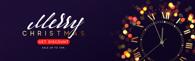 Horizontal banner with Merry Christmas and Happy New Years. Background with shining vintage golden clock, bright glowing gold lights bokeh.