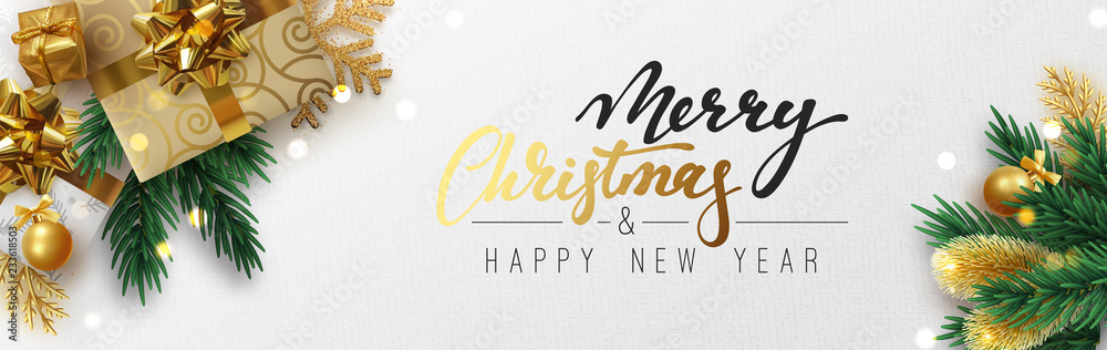 Christmas banner, Xmas sparkling lights garland with gifts box and golden tinsel. Horizontal christmas posters, greeting cards, headers, website. - obrazy, fototapety, plakaty 