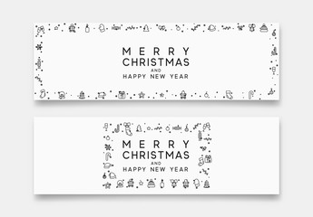 Wall Mural - Merry Christmas and Happy New Year horizontal banner with xmas decorative elements line style