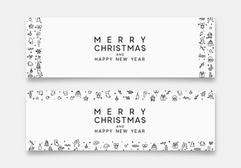 Wall Mural - Merry Christmas and Happy New Year horizontal banner with xmas decorative elements line style