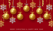 Golden Christmas Balls Background. Festive Xmas Decoration Gold Bauble And Bright Snowflake, Hanging On The Ribbon.