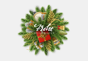 Wall Mural - German text Frohe Weihnachten. Christmas background. Design Bundle of pine branches round sphere and the holiday Xmas decoration object, gift boxes, antique clocks, golden bell