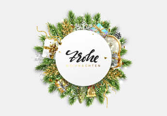 Wall Mural - German text Frohe Weihnachten. Christmas banner. Bundle of pine branches, Xmas decoration object, gift box, antique clocks, golden bell. Covered with snow and bright gold confetti