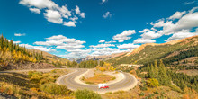 SEPT 18, 2018 - ROUTE 550 SILVERTON, COLORADO, USA - "Circular Elevated View Of Colorado State Highway 550, Known As "Million Dollar Highway" Threads Its Way From Silverton To Ouray