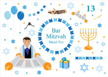 Bar Mitzvah Set Of Flat Style Icons. Collection Of Elements For Congratulation Or Invitation Card, Banner, With Jewish Boy, Menorah, Star Of David Isolated On White Background. Vector Illustration