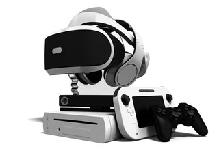 Concept game consoles goggles for reality reality headphones gaming joysticks and cost effective gaming console 3d render on white background with shadow