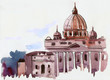 Handmade watercolor landscape with the Cathedral of St. Peter in Rome in Italy on a white background. View of the city with an arched bridge in the foreground in ocher color