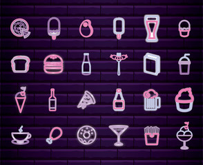 Poster - set fast food with drink neon light label