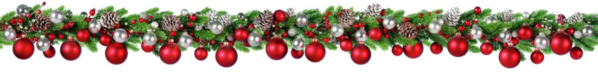 Christmas Border - Red And Silver Ball Hanging In Fir Garland
