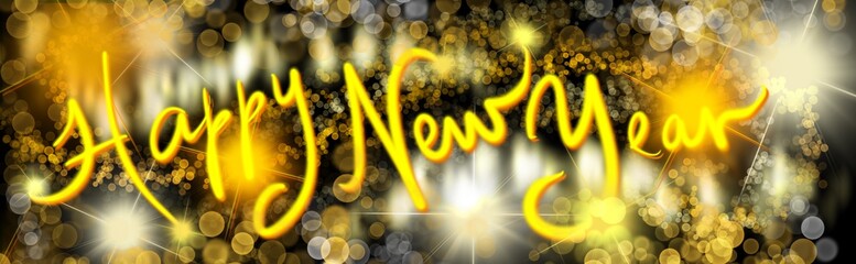 Wall Mural - happy new year neon lights hand drawn header banner panorama with glitter bokeh snowflakes and brigh