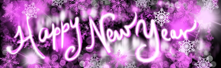 Wall Mural - happy new year neon lights hand drawn header banner panorama with glitter bokeh snowflakes and brigh