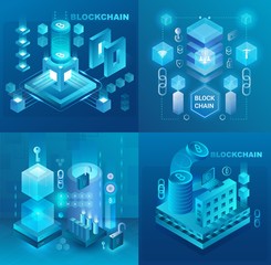 Poster - Data center, cryptocurrency and blockchain technology market isometric vector illustrations set.