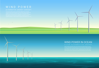 Wall Mural - energy horizontal concept backgrounds with wind turbines in green meadow field and ocean sea.