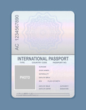 Vector Illustration Of Open Passport Template. Document For Travel Concept, Passport Sample.