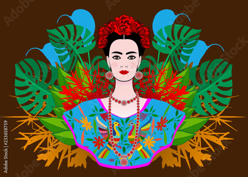 Photographie Portrait of the young beautiful Mexican woman with a traditional hairstyle