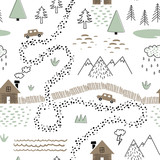 Seamless childish pattern with house, trees, mountains and cars. Nature landscape texture for kids fabric, wrapping, textile, wallpaper, apparel. Graphic illustration in scandinavian style.