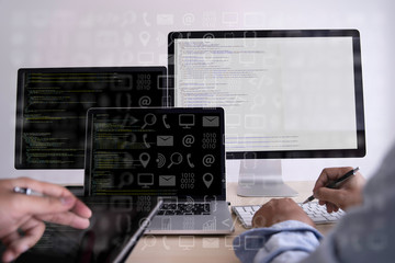 Fototapete - man work Coding software developer programmer is coding on a desktop computer