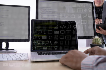Fototapete - man work Coding software developer programmer is coding on a desktop computer