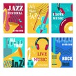 Jazz festival, live music concert vector poster, flyer, card set