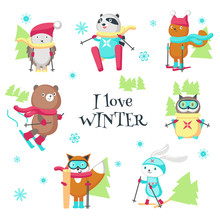 Cute Animals Skiing In Winter Vector Isolated Illustration